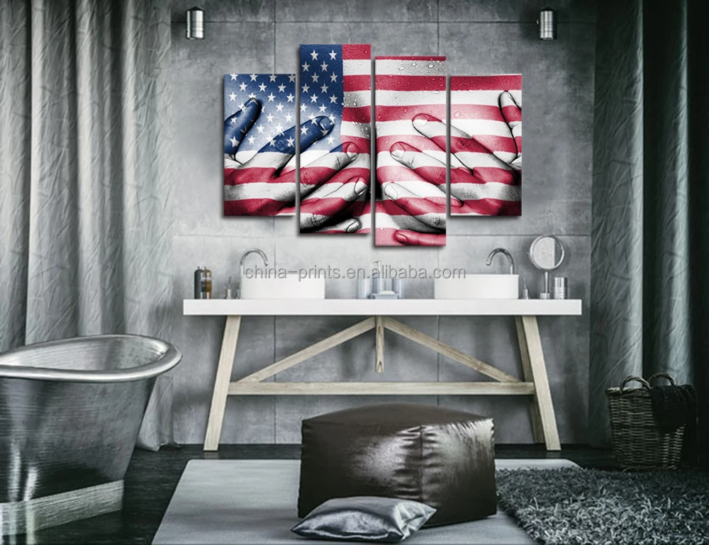 4 Piece Nude Sweaty Woman Canvas Wall Pictures Hands Covering Breasts Vintage Flag of the USA Hot Body Painting for Living Room