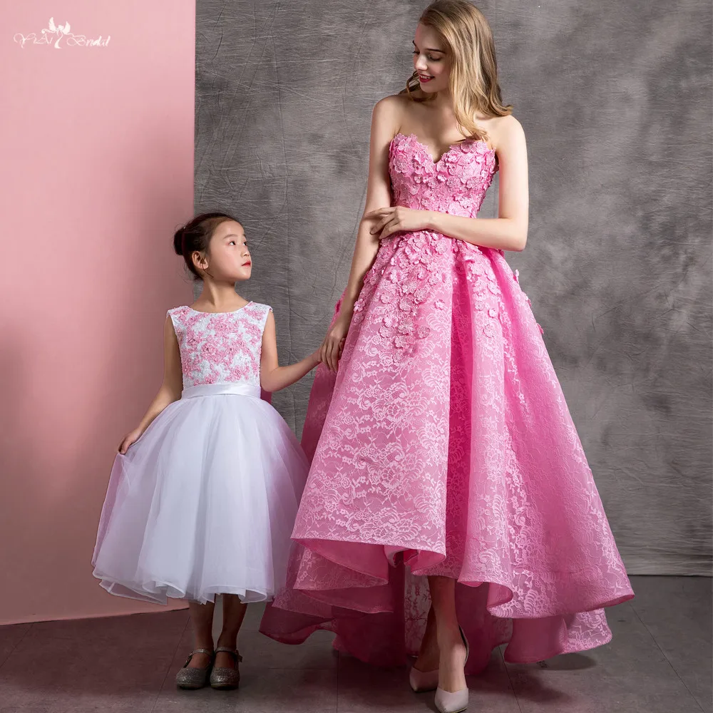RSE899 3D Flowers Bridesmaid Pink High Low Lace Girls Graduation Party Dresses Prom Dress
