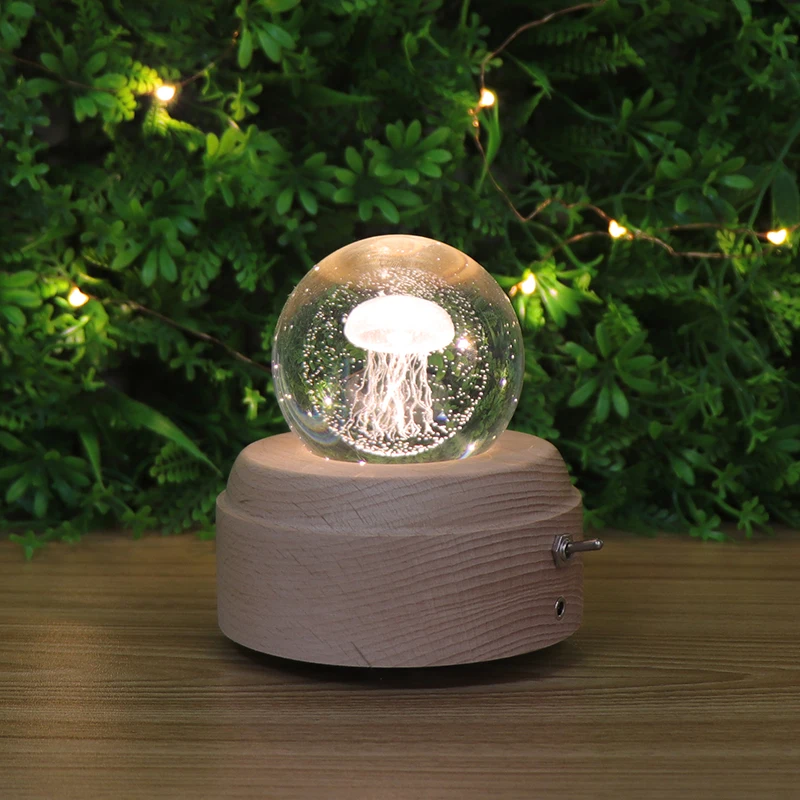 KC Certified Jellyfish Crystal Ball Music Box Led Night Light Wood Base Rechargeable Decoration Kids Bedroom Light
