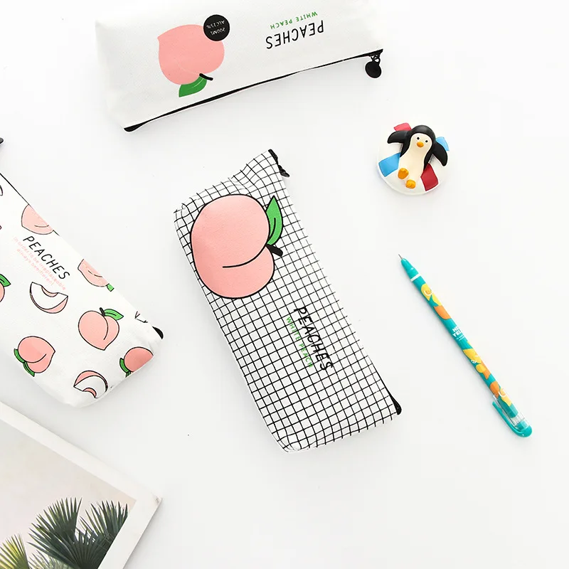 Korea stationery cute kawaii fruit peach style zipper lock canvas pencil case bag for school kids