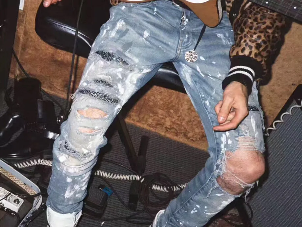 2019 wholesale custom g string spray jersey with jeans skinny ripped with rhinestone mens denim jeans pants men hecho en china