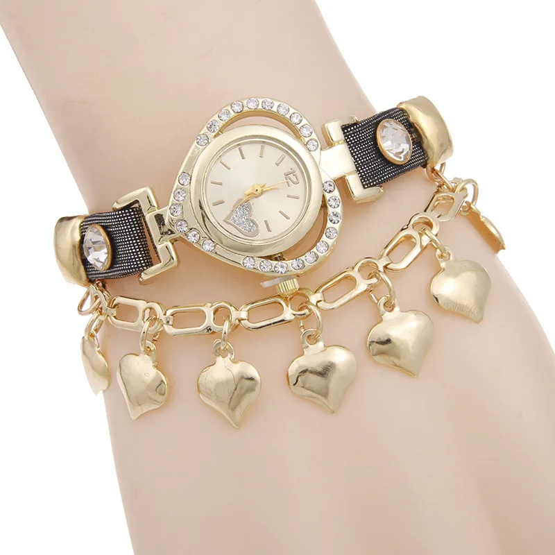 
2017 New Fashion Casual Luxury Jewelry Watches Women Rhinestone Hearts Dress Pendant Chain Quartz Watch 