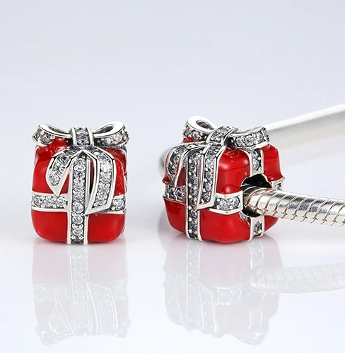 Custom christmas jewelry new year gift pure 925 sterling silver red enamel charm box ornaments with beads for DIY bracelet