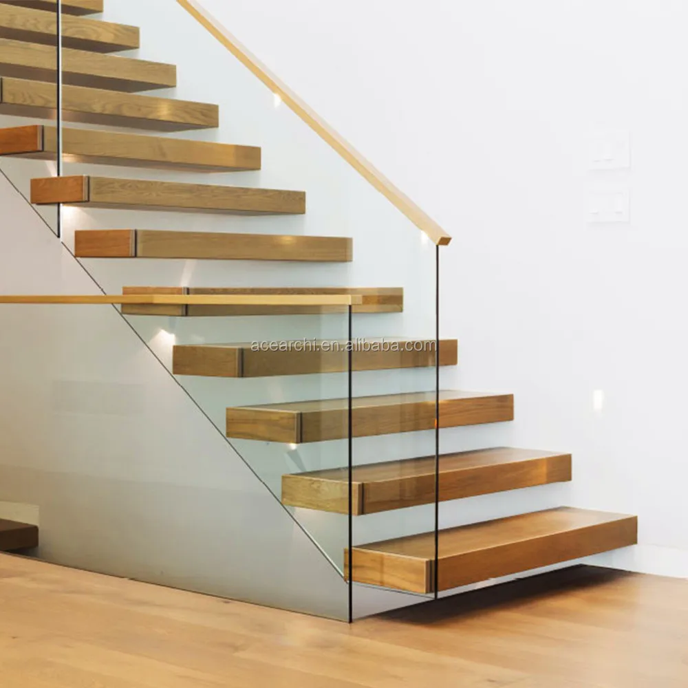 Contemporary Floating Staircase with Wood Tread Invisible Stringer Straight Stairs