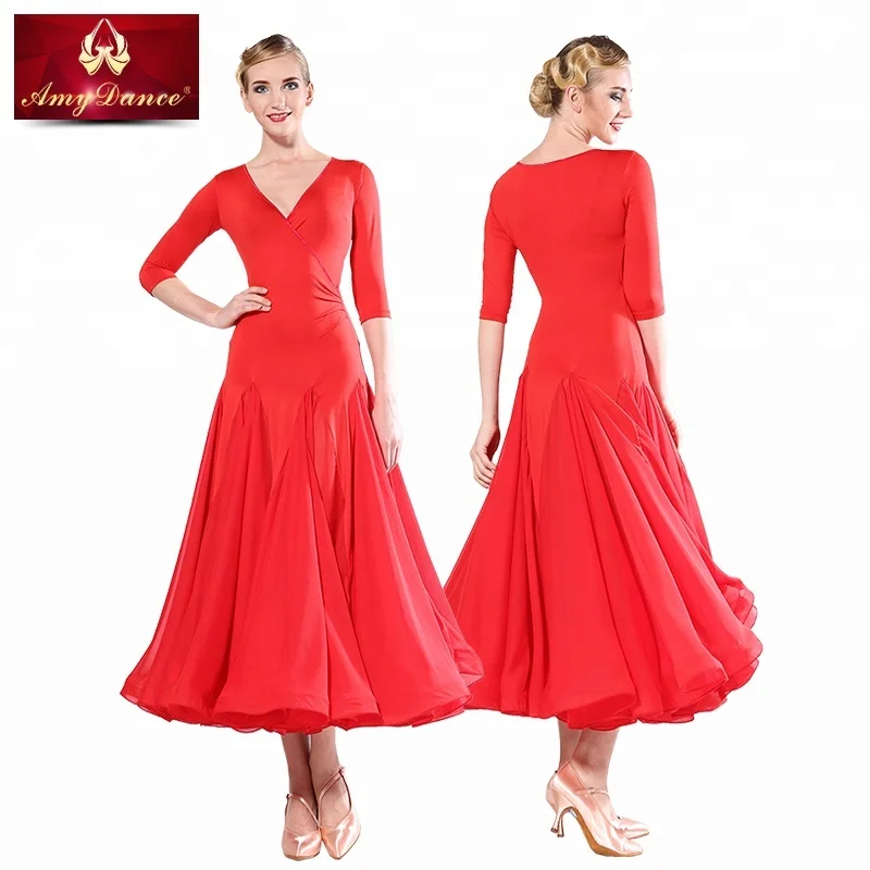 
High end puffy large hem v neck red flamenco ballroom dance wear women adult ballroom dance dress 