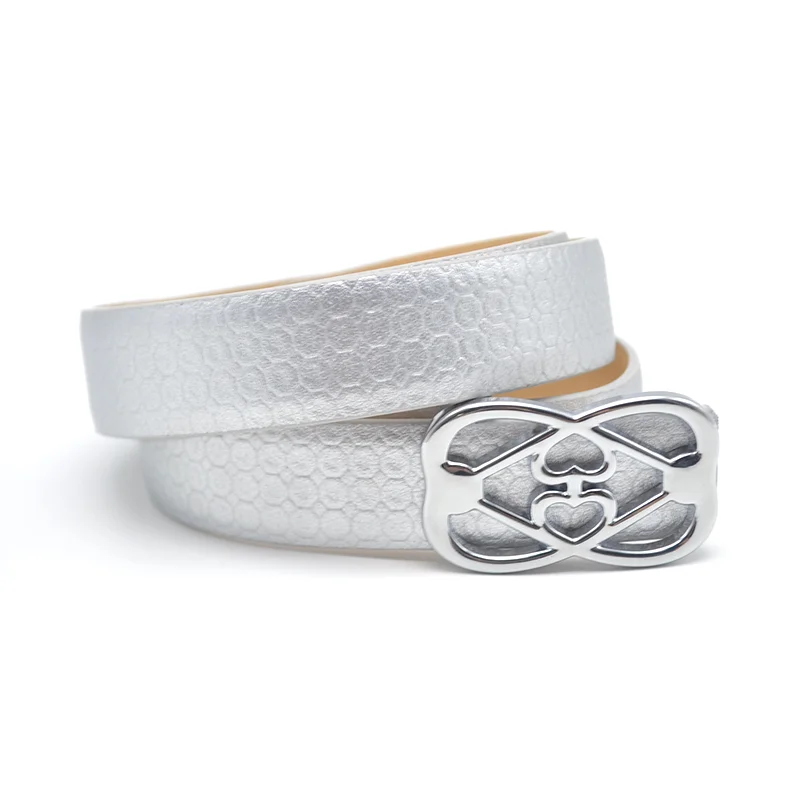 Carosung Wholesale 25mm Custom Pattern Designers Metal Plate Buckle Silver PU Vegan Leather Dress Belts Women Fashion Belt