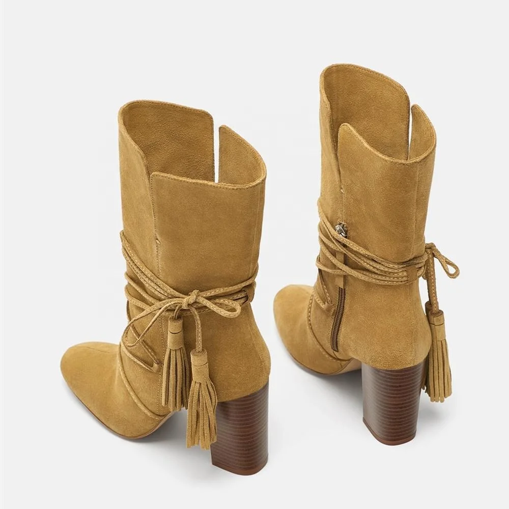 
MANRINO-0299 Tan Color Tassel Decor Womens Zipper Up Block High Heel Combat Desert Boots 2019 Fashion Trends 