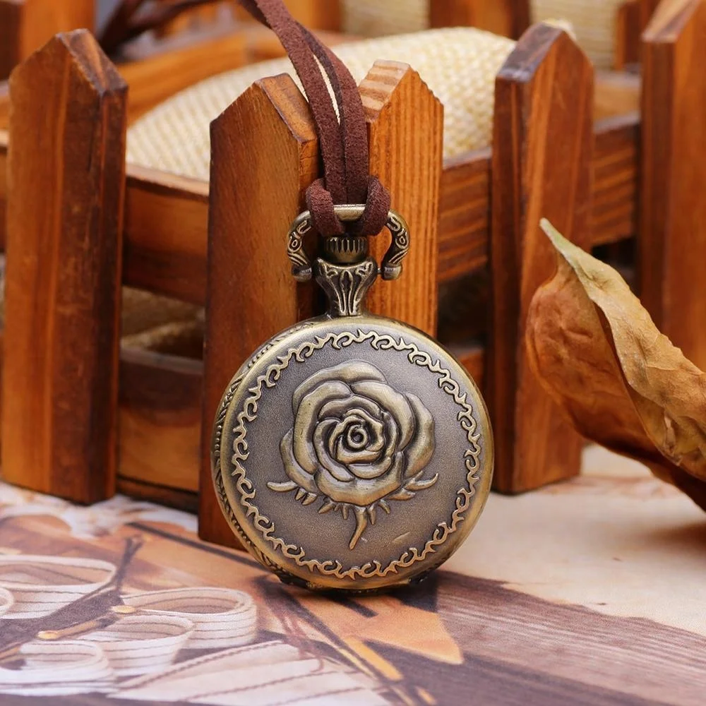 Старинный кожаный шнур Античная Ретро бронза Роза дизайн круглый кулон карманные часы