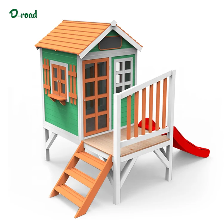 Outdoor Playground Patio Small Wooden  Children Kids Cubby House With Slide