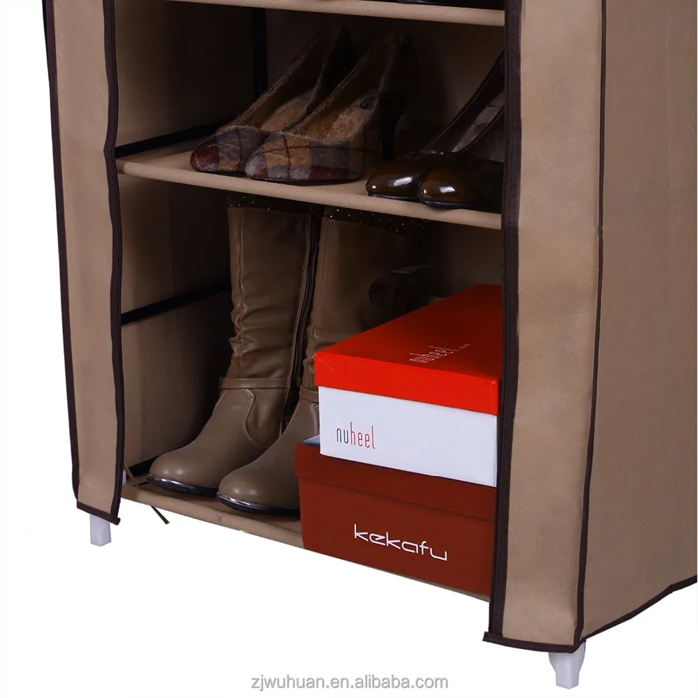 
9 SHELF LIGHT BROWN SHOE RACK STORAGE CABINET WITH ROLL UP PANEL 