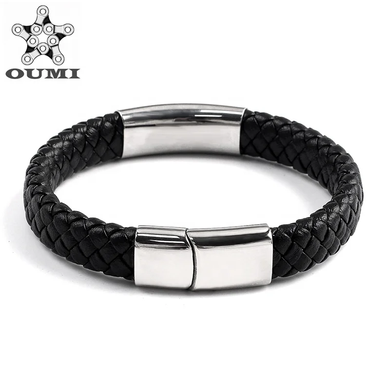 OUMI Classic Style  Braided Leather Bracelet Wristband With Stainless Steel Clasp For Womens&Mens
