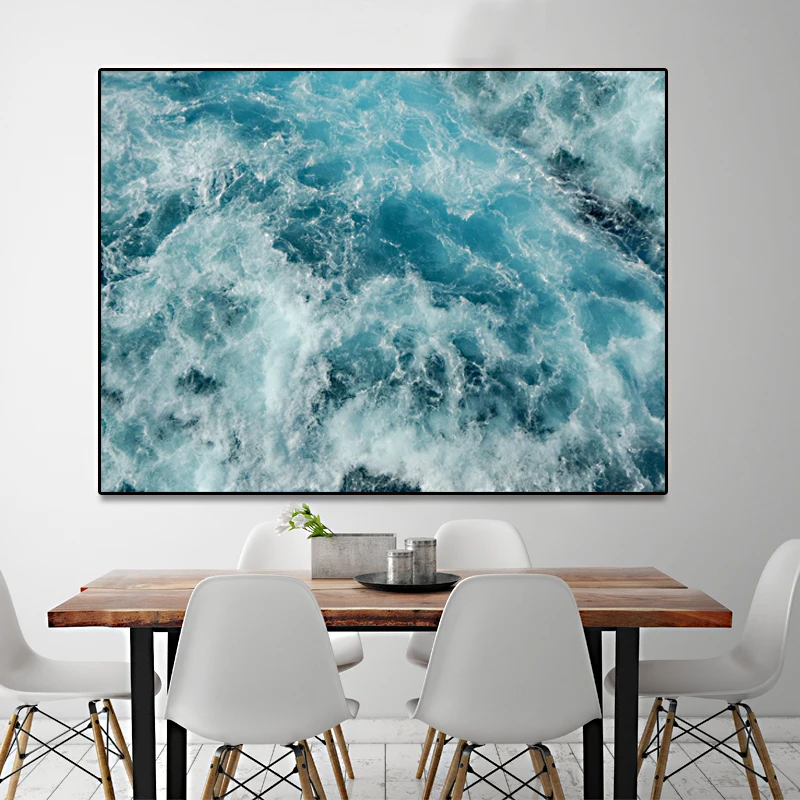 Unframed Nordic Style Canvas Print Painting Posters of Sea Water Waves and Quote,Wall Pictures For Living Room