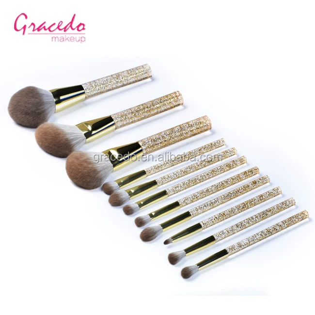 Suppliers 12pcs Professional make-up brush kit White Goat Hair Make Up Brush Set Gold  Crystal Glitter Handle Makeup Tools