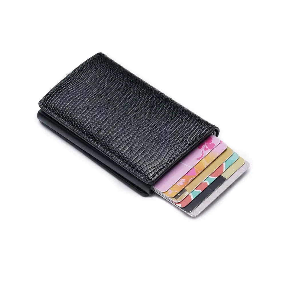 Lizard pattern Leather Aluminum RFID Blocking card holder Wallet -Customized logo Swinging without dropping the card design