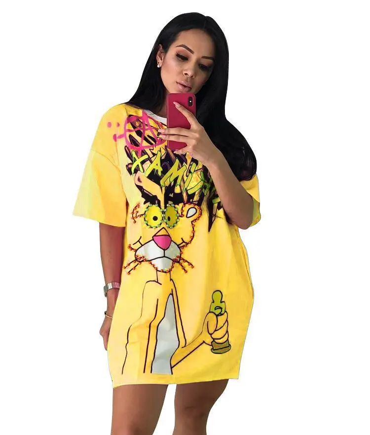 
Ready to ship OEM ODM women fashion casual cartoon beading t shirt dress TC946 