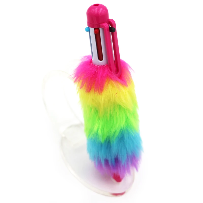 Short fat fluffy pom pom pen multicolor 6 color rainbow ballpoint pen with colorful rainbow barrel