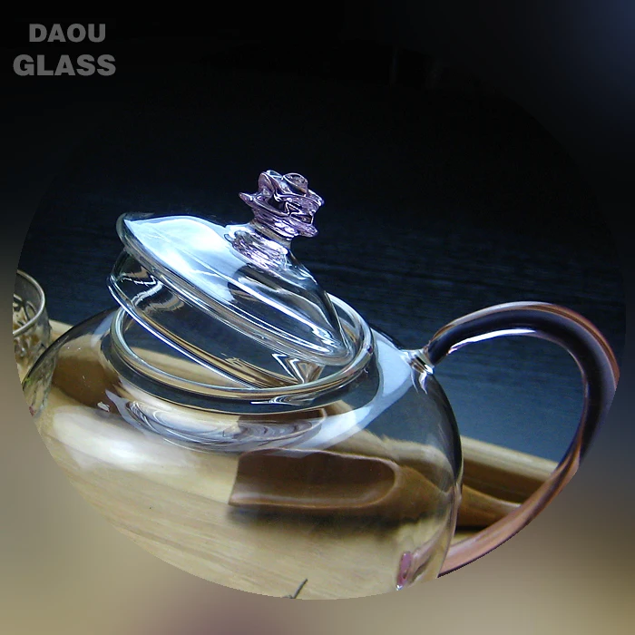
novelty heat resistant pyrex glass tea sets with teapot,Blooming flower tea special teapot, Pink handle and rose lid 