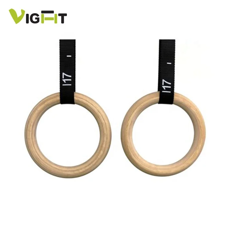 Cross fit strength pull up wooden gymnastic rings with Nylon straps