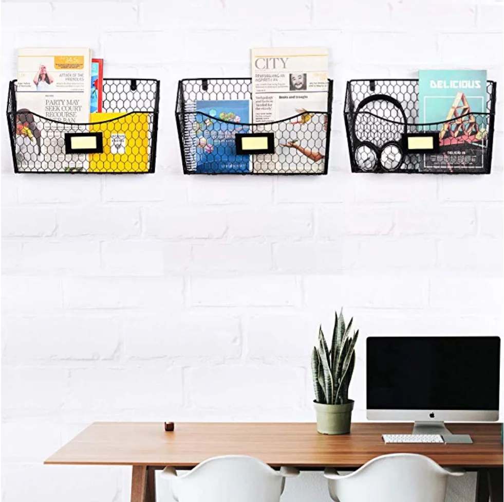 3 Pack Wall Mounted File Holder Hanging Mesh Metal Basket Wire Magazine Rack Shelf