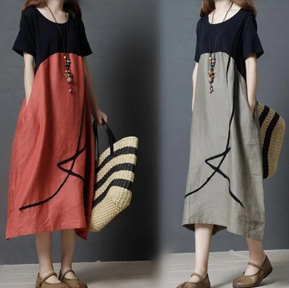 Latest western short sleeve loose long dresses summer woman fashion linen dress