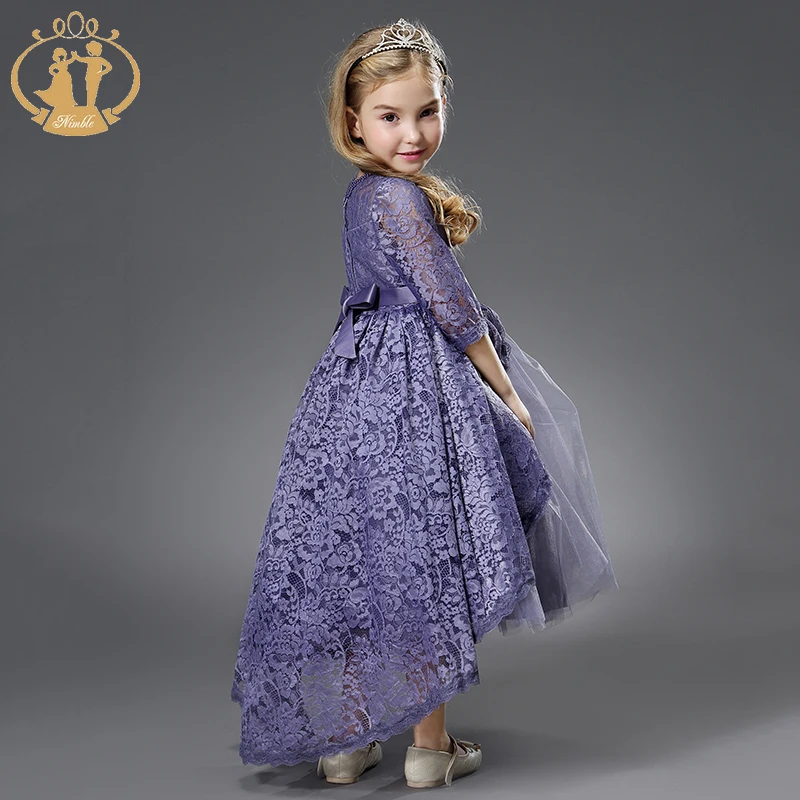 Nimble Designer Purple Flower Girl Dress High Collar Heavy Beading Satin Princess Gril Dresses With Long Train