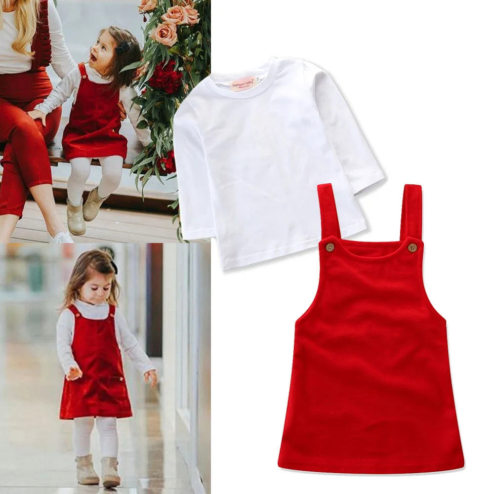 
Girl Spring Autumn Outfit Kids white long sleeve tops + red dress 2PCS Set for 2-7T 