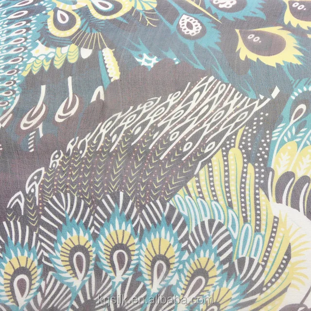 100% silk georgette with peacock feathers