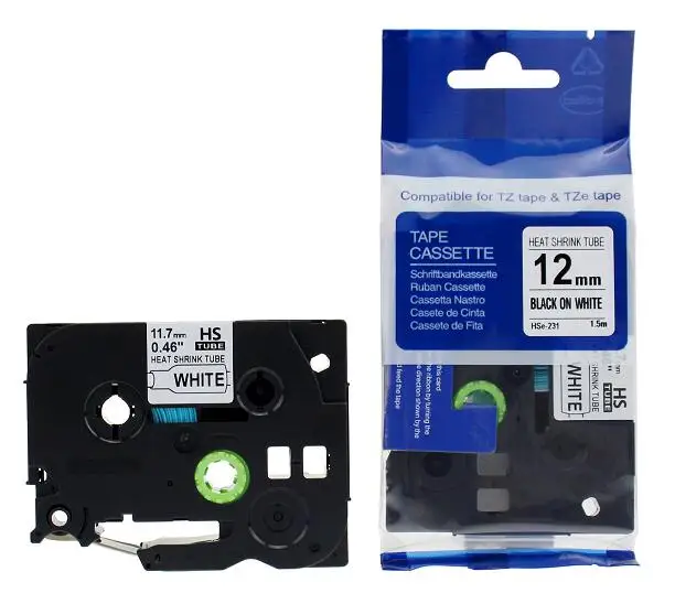 HSE231 11.7mm (0.46in) x 1.5m (4.9ft) Size Printable Heat Shrink Tubing Black on White For Brother PT-P900W