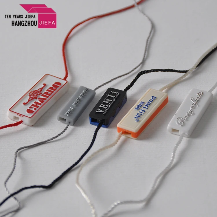 Low MOQ Suppliers Price Eco-Friendly Custom Brand Logo Ribbon Hang Plastic String Seal Tags for Clothing