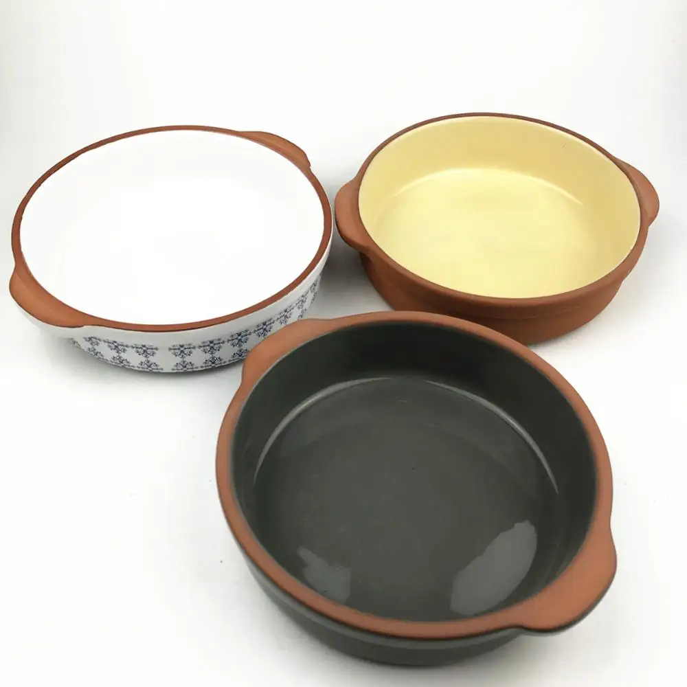 Classic Glazed Clay Cazuela pots for table serving