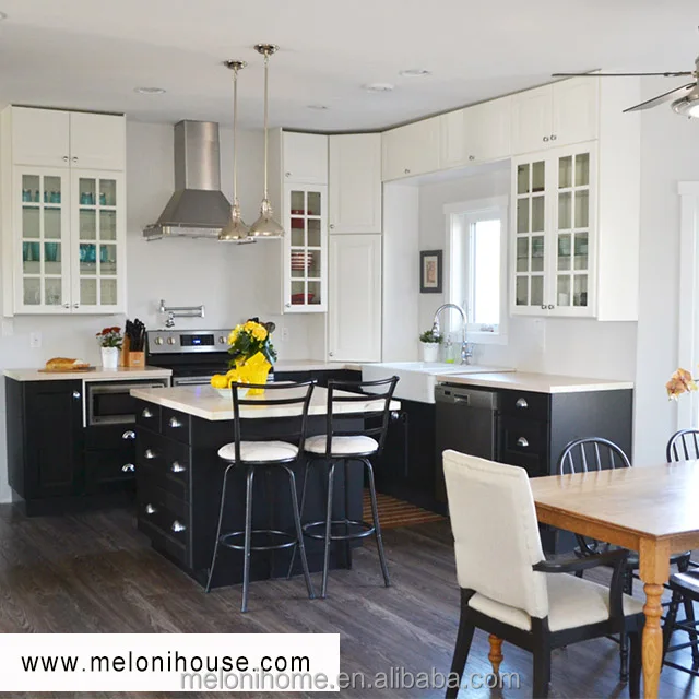 White and Black PVC Kitchen Cabinet with Glass Wall Panels Kitchen,Custom Shaker Kitchens