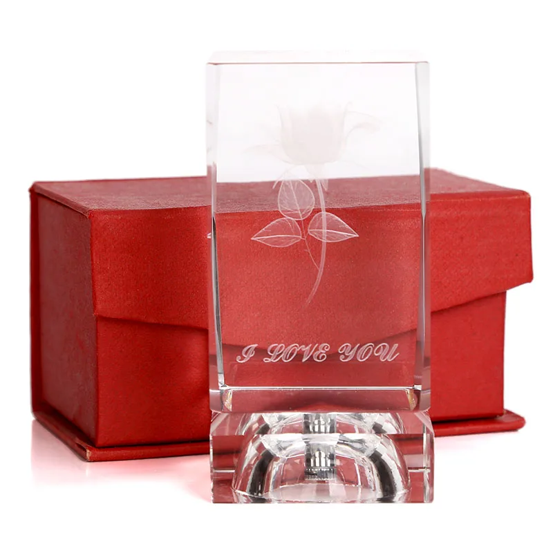 3D Laser Engraved Crystal Glass Rose Flower Cube With Led Light Base For Wedding Souvenirs Guests