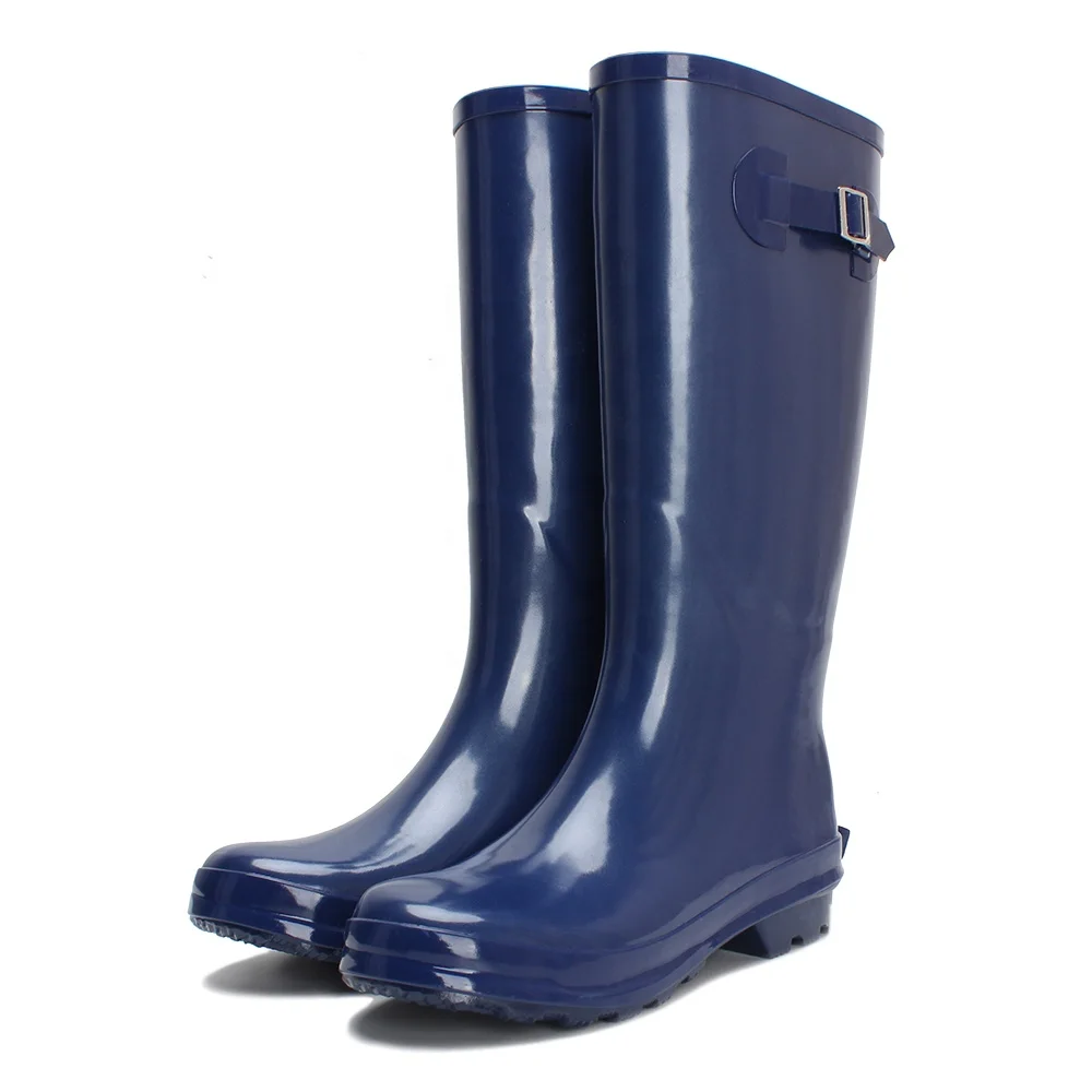 
Hot sale navy blue wellington women knee boots rubber rain boots ladies with side buckle have in stock 