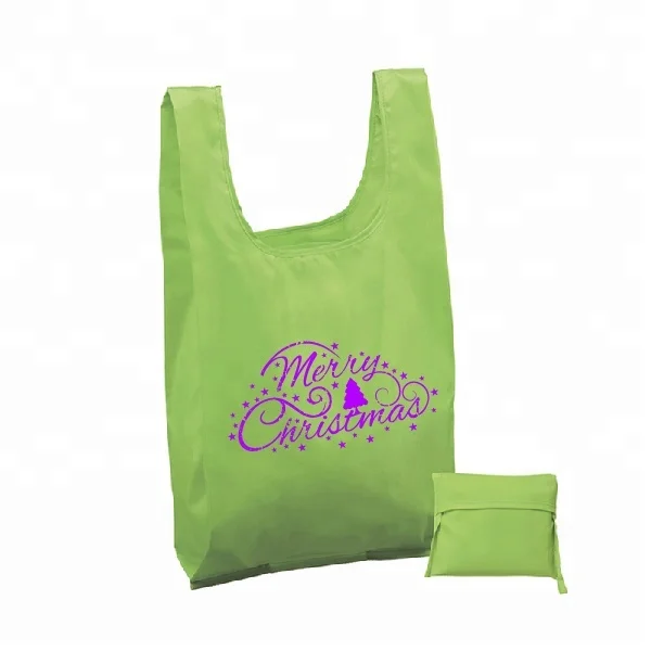 China Manufacturer Custom Logo Printed Polyester Nylon Foldable Christmas Shopping Tote Bag