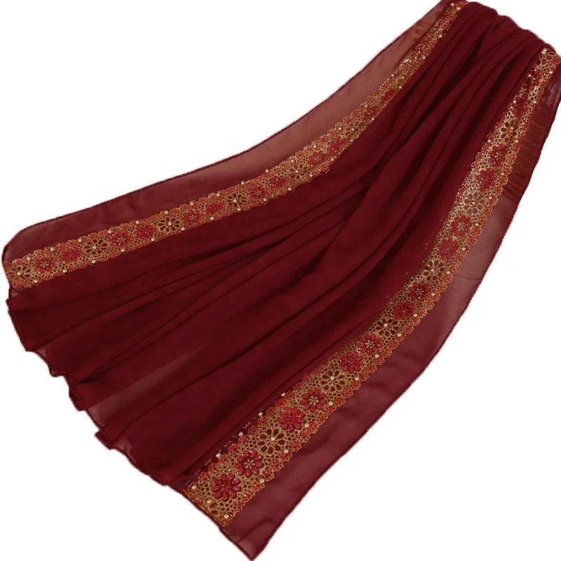 Hot Sale Muslim Ethnic Women Pearl Lace Chiffon Monochrome Bandana Scarf Hijab Shawl