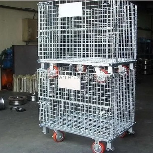 Collapsible Stackable Wire Mesh Containers with rolling wheels,Steel Wire Mesh Container with Caster