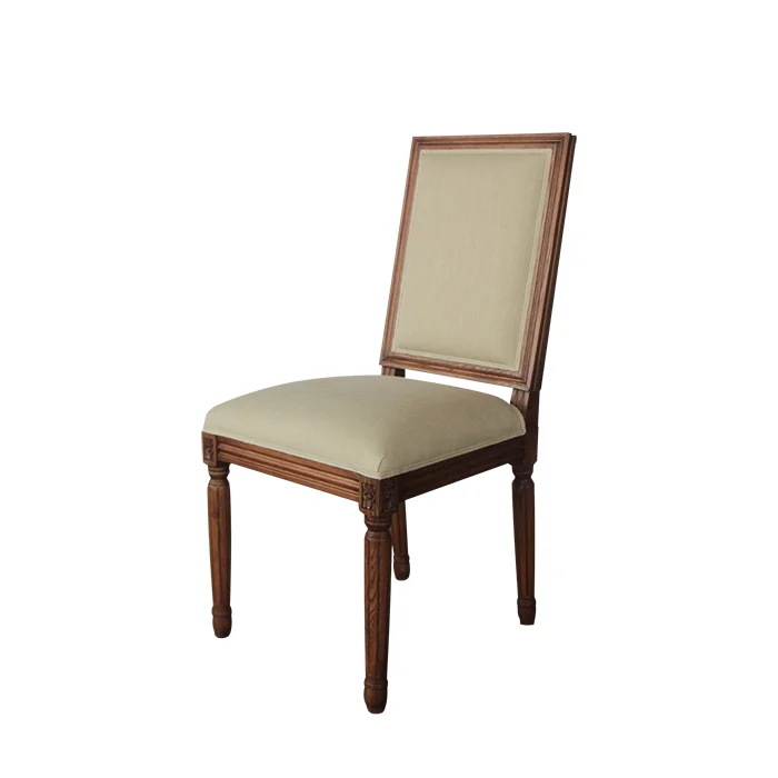French Country Farm House Style Dining Room Furniture Linen Fabric Upholstered Oak Wood Louis Dining Chairs