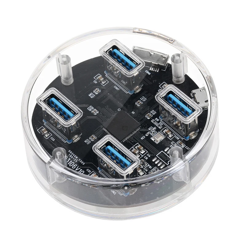 5Gbps speed Round 4 port USB3.0 USB 3.0 Transparent desktop USB hub multi-pronged data and power transmission with blue LED