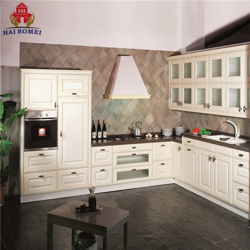 
China Bomei Factory Shaker Style PVC Freestanding L Shaped Modular Pantry Kitchen Cabinet 