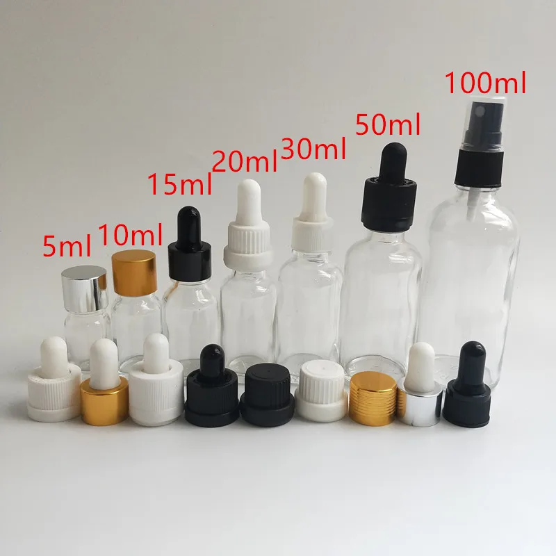 Clear glass bottle, clear oil bottle with perfume spray and dropper cap