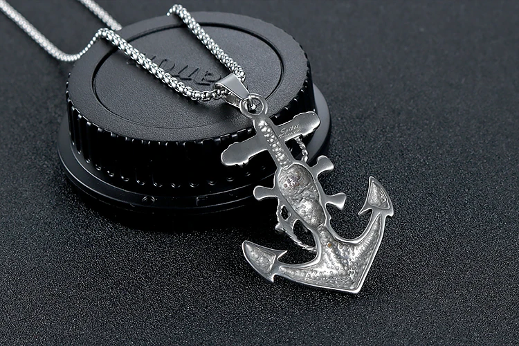 Punk Gothic Pirates of the Caribbean Black  Stainless Steel Cross Charm Skull  Anchor Pendant Necklace