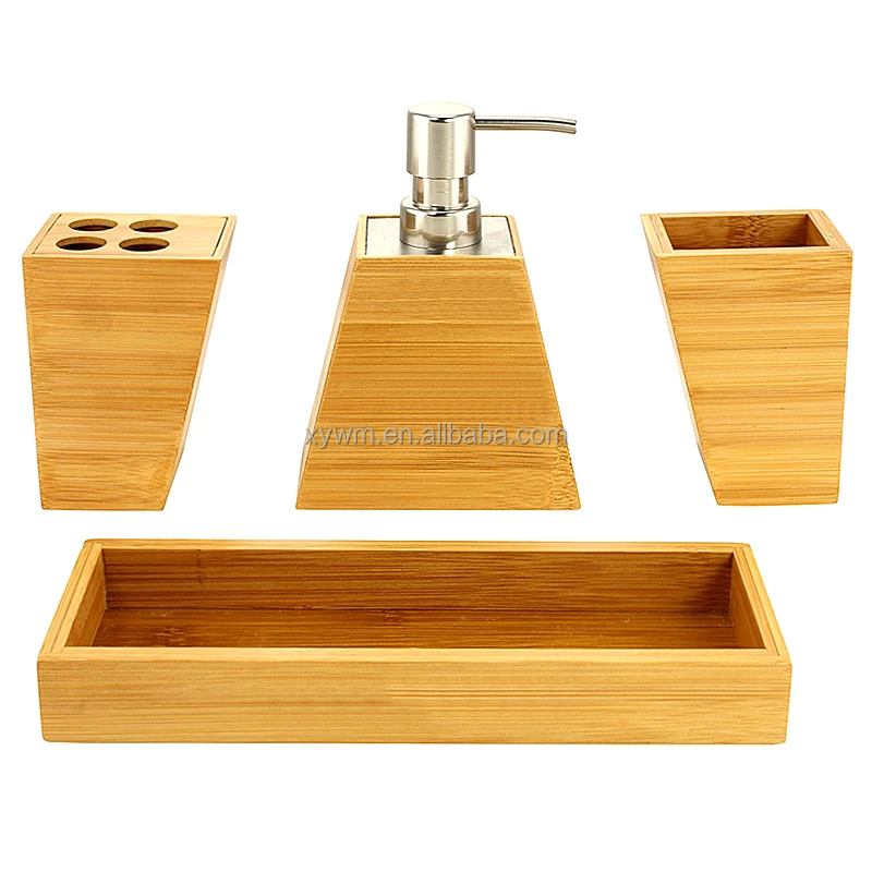3 PCS Bamboo Bathroom Set with Tray - Soap Dispenser, Cup, Tooth Brush Holder