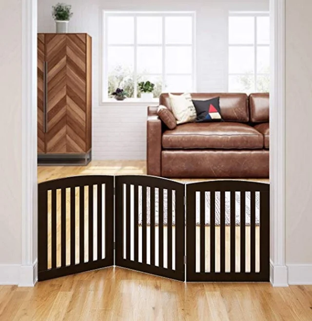 Wooden Freestanding Foldable Pet Gate for Dogs 24 inch 4 Panel Step Over Fence Dog Gate for The House Doorway Stairs Extra Wide