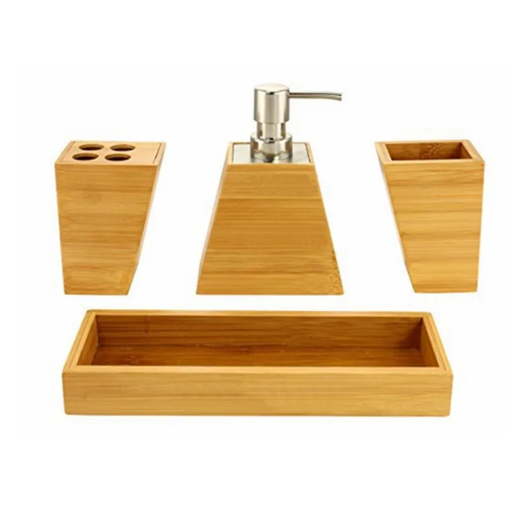 Household essentials 4 pieces bamboo bath accessory set