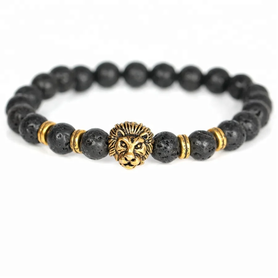 New Arrival ! Cubic Zircon Micro Lion Head Charms Bracelet ,Women Men Natural Lava Stone Matte Agate Bead Handmade Bracelet