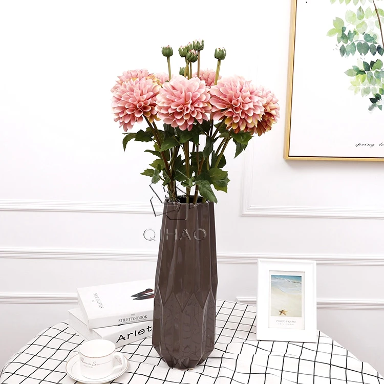 Decorative 2 Heads Silk Pompon Dahlias Pinnata Artificial Dahlia Yellow Chrysanthemum Flowers for Sale