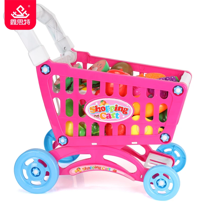 Kids Pretend Play Plastic Kitchen Food Set Trolley Basket Fruit Stand Cutting Fruit And Vegetable Toy