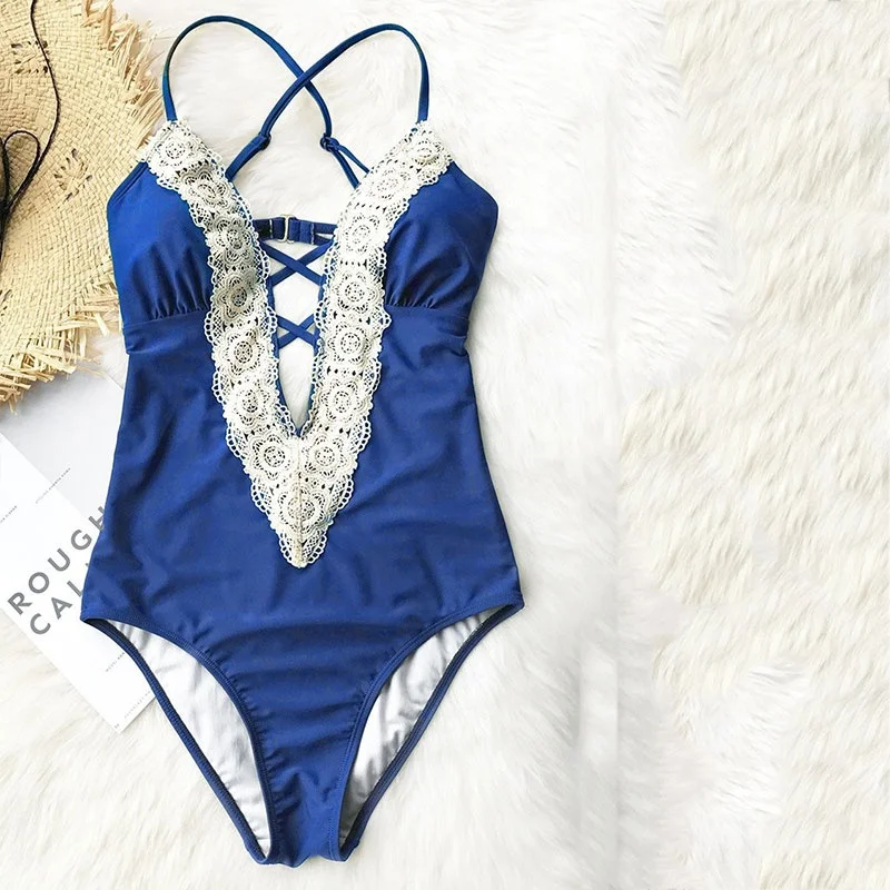 Hot Sexy Deep V With Lace Topless Swimsuit Push up Sling Women Swimwear