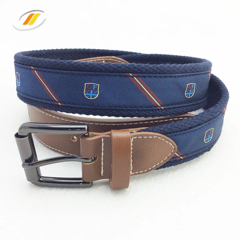 Men Canvas Fabric Genuine Leather Belt With Custom Logo