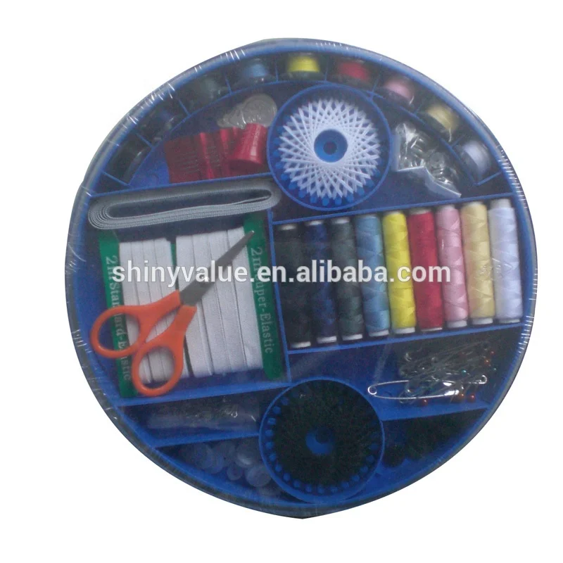 Complete Sewing Kit Box with 75pcs Accessories Big Blue round Plastic for Hand Sewing and Knitting for Office or Christmas